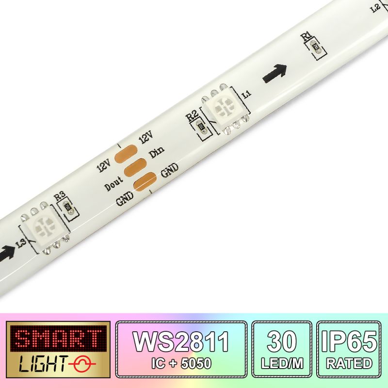 30 LED/M WS2811 / SMD 5050 RGB Addressable LED Strip IP65 (White PCB)