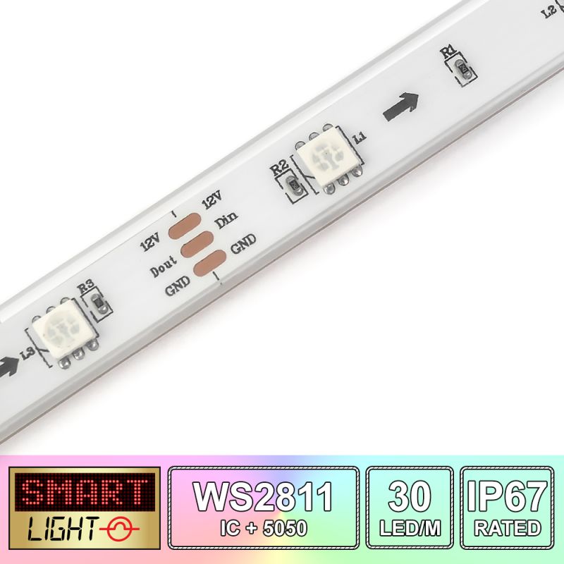 30 LED/M WS2811 / SMD 5050 RGB Addressable LED Strip IP67 (White PCB)