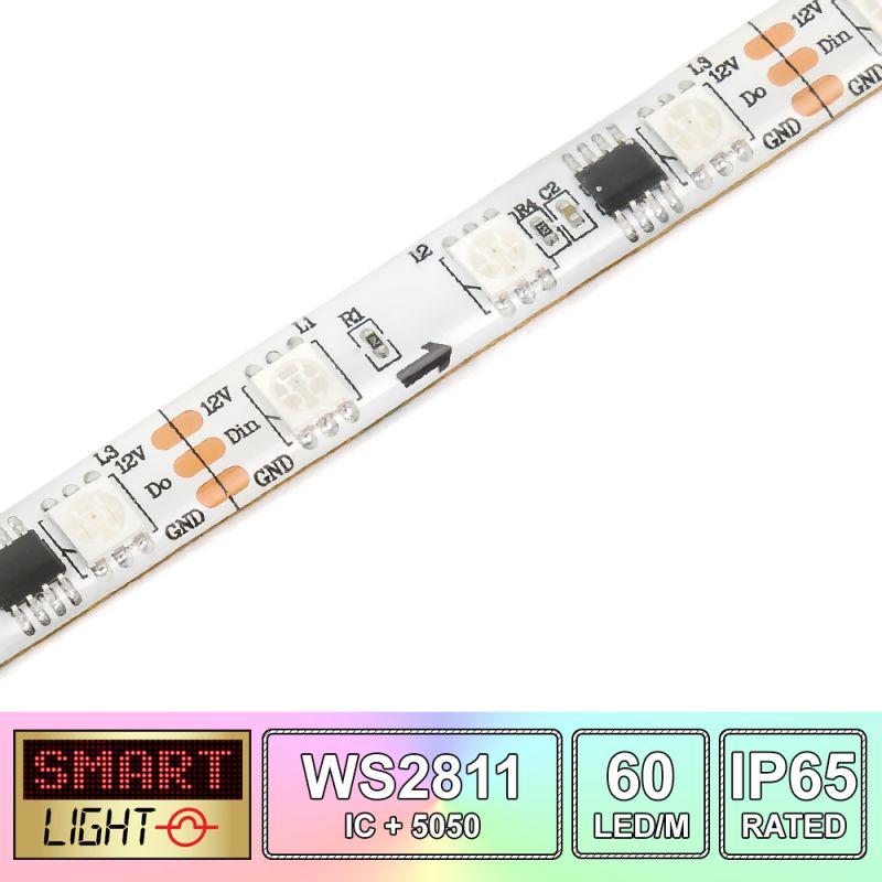 60 LED/M WS2811 / SMD 5050 RGB Addressable LED Strip IP65 (White PCB)