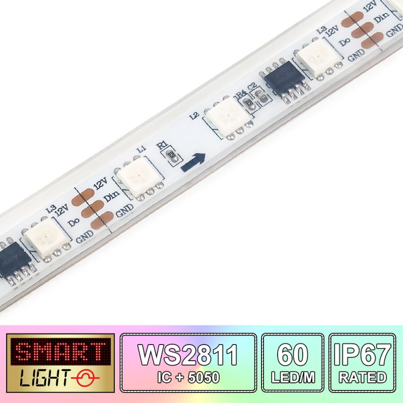60 LED/M WS2811 / SMD 5050 RGB Addressable LED Strip IP67 (White PCB)