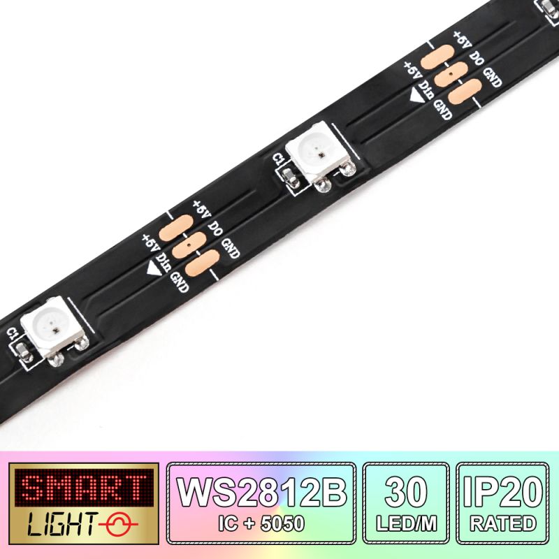 30 LED/M WS2812B RGB Addressable LED Strip IP20 (Black PCB)