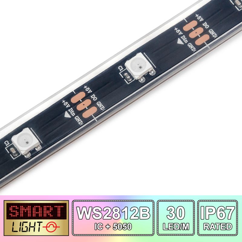 30 LED/M WS2812B RGB Addressable LED Strip IP67 (Black PCB)