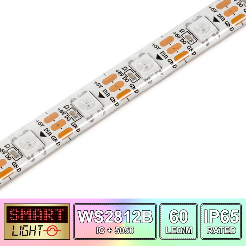 60 LED/M WS2812B RGB Addressable LED Strip IP65 (White PCB)
