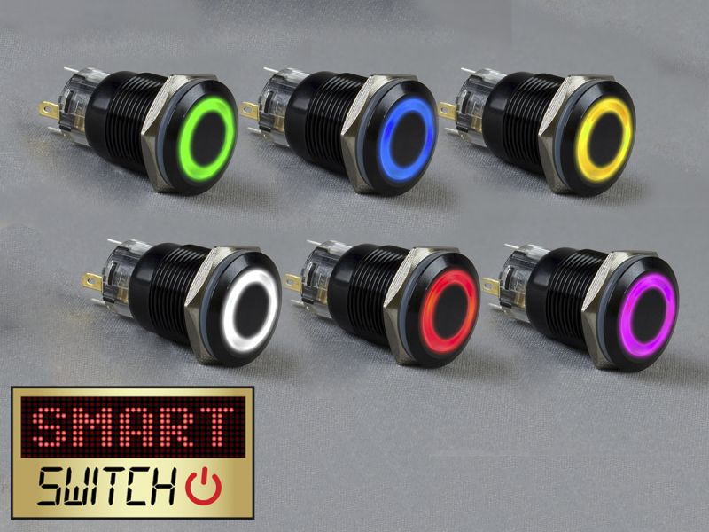 SmartSwitch 22mm 12v Black Metal Latching Angel Eye Halo Illuminated LED Switch