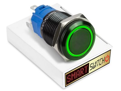 19mm Black Aluminium ANGEL EYE HALO Momentary LED Switch 12V/3A (16mm Hole) - GREEN