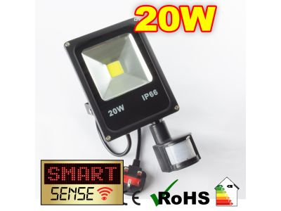 Flat Cool White LED Flood Light + PIR - 20W