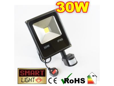 Flat Cool White LED Flood Light + PIR - 30W