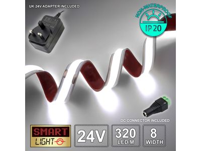 24V/5m NATURAL WHITE (4000k) COB LED Strip (320 LED / 10w /927lms per meter) + 24V Adapter