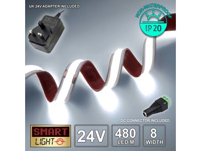 24V/5m COOL WHITE (6500k) COB LED Strip (480 LED / 12w /1219lms per meter) + 24V Adapter