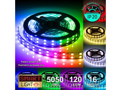 12V/5M SMD 5050 IP20 Non-Waterproof Double Row 16mm Strip 600 LED (120LED/M) - RGB