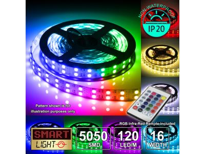 12V/5M SMD 5050 IP20 Non-Waterproof Double Row 16mm Strip 600 LED (120LED/M) - RGB + REMOTE