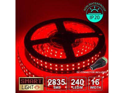 12V/5M SMD 2835 IP20 Non-Waterproof Double Row 16mm Strip 1200 LED (240LED/M) - RED