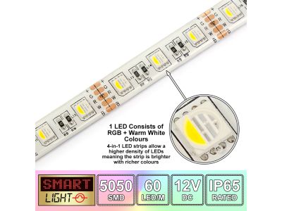 60 LED/M 12V SMD 5050 4-In-1 RGB & WARM WHITE LED Strip IP65 (White PCB)