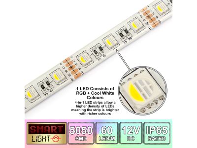 60 LED/M 12V SMD 5050 4-In-1 RGB & COOL WHITE LED Strip IP65 (White PCB)