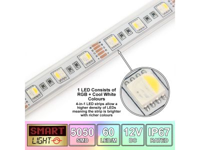 60 LED/M 12V SMD 5050 4-In-1 RGB & COOL WHITE LED Strip IP67 (White PCB)