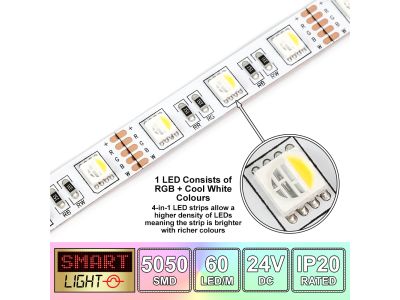 60 LED/M 24V SMD 5050 4-In-1 RGB & COOL WHITE LED Strip IP20 (White PCB)