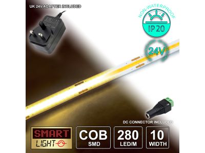 24V/1M WARM WHITE COB Continuous LED Strip Tape IP20/280 LED with 24V AC Adaptor
