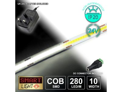 24V/1M COOL WHITE COB Continuous LED Strip Tape IP20/280 LED with 24V AC Adaptor