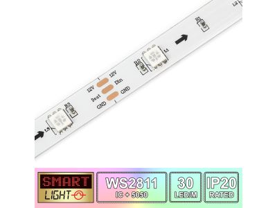 30 LED/M WS2811 / SMD 5050 RGB Addressable LED Strip IP20 (White PCB)
