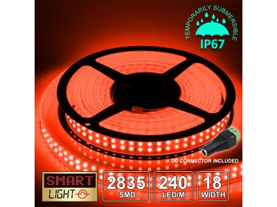 12V/5M SMD 2835 IP67 Sealed Waterproof Double Row 18mm Strip 1200 LED (240LED/M) - RED