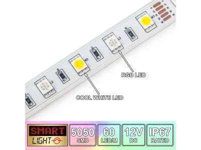 60 LED/M 12V SMD 5050 RGB + COOL WHITE LED Strip IP67 (White PCB)